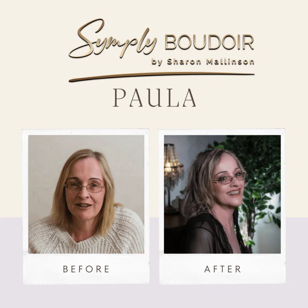 before and after photos of mature woman from her 50 over 50 boudoir photoshoot