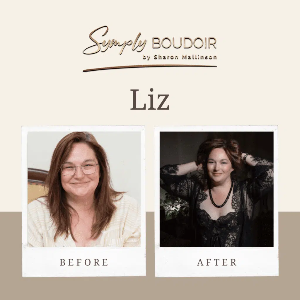 before and after photos of mature woman from her 50 over 50 boudoir photoshoot